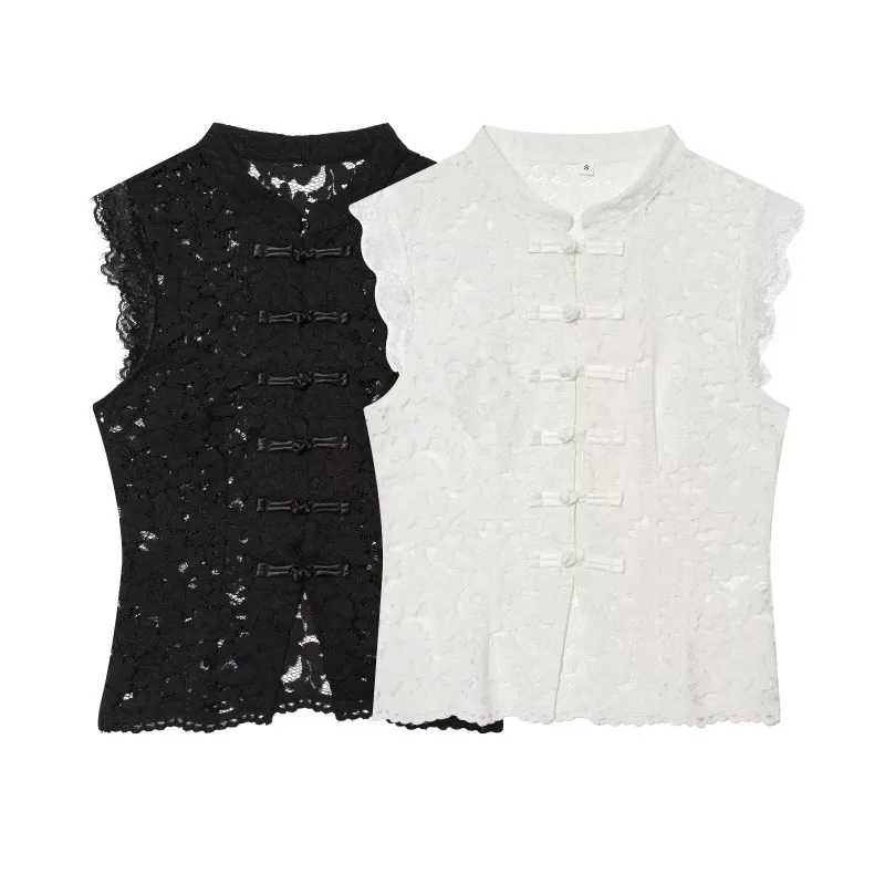 2026 Women's Chinese Style Lace Vest - Mandarin Collar Frog Button Sheer Sleeveless Top, Vintage Slim Fit Casual Blouse