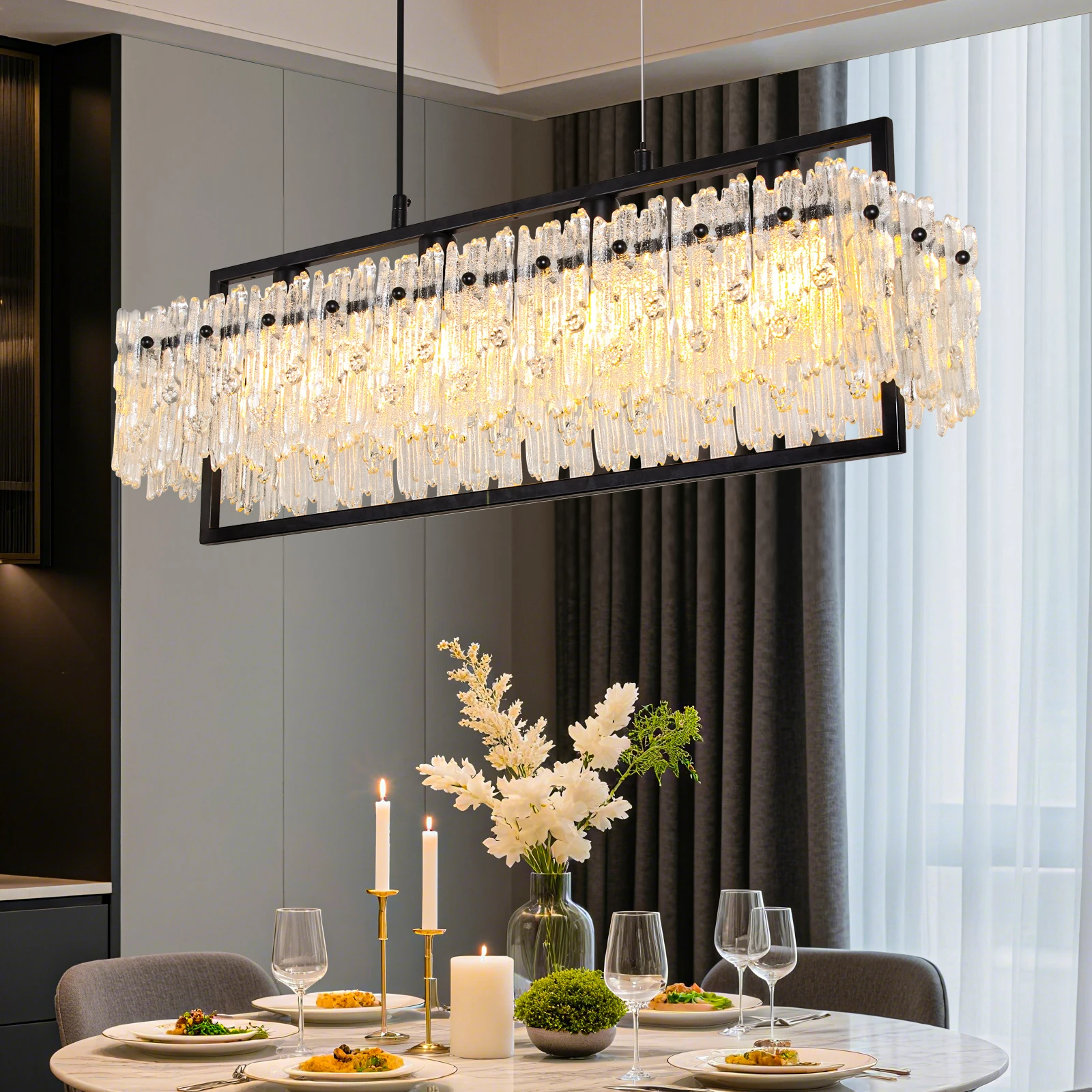 MantoLite DiningRoom Light Fixture Modern Rectangle Golde Crystal 4-Light Chandeliers for Dining Room 25