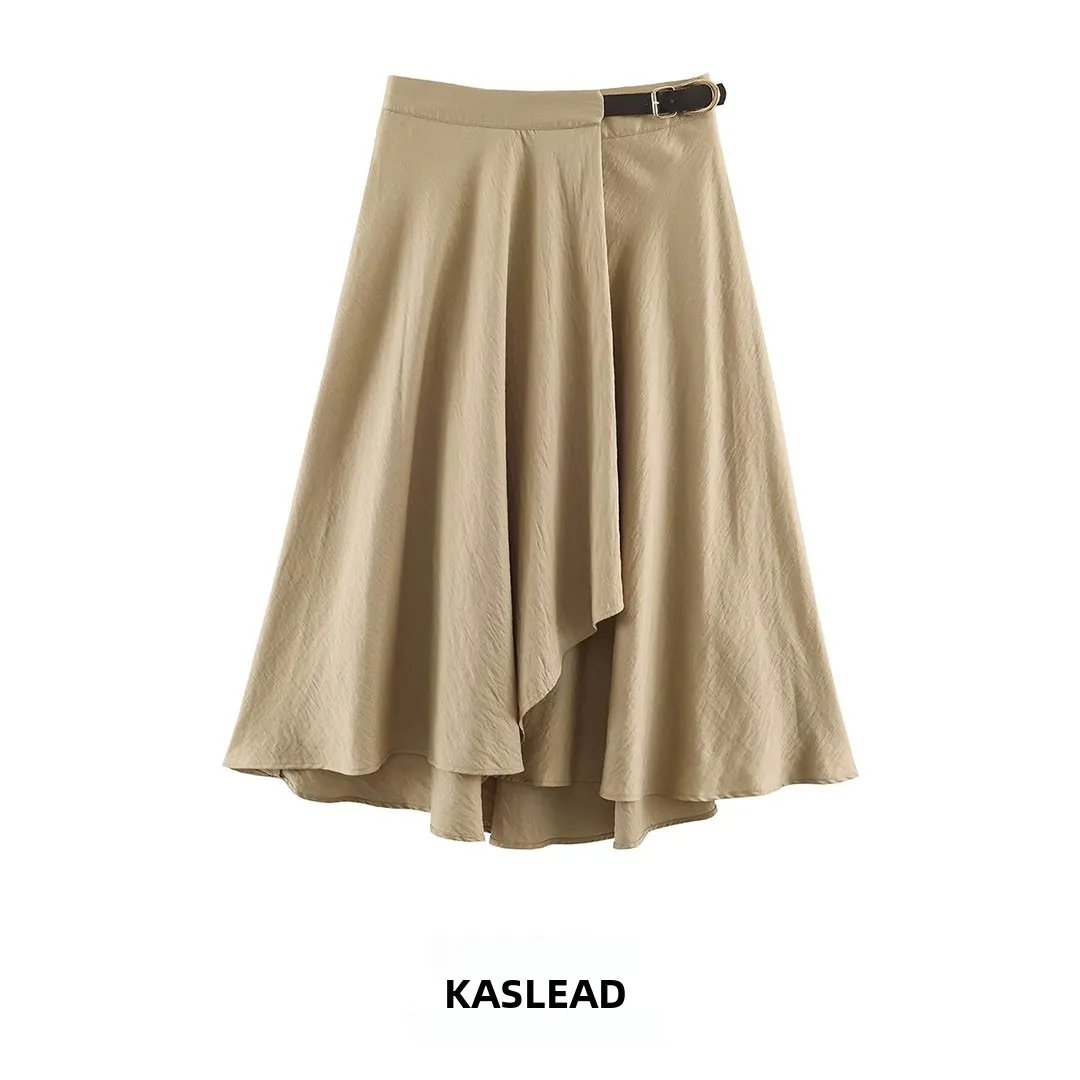 KASLEAD New Women's Midi Skirt with Buckle Decoration High-End Feeling A-Line Skirt Polyester Fiber mid Waist Autumn Season
