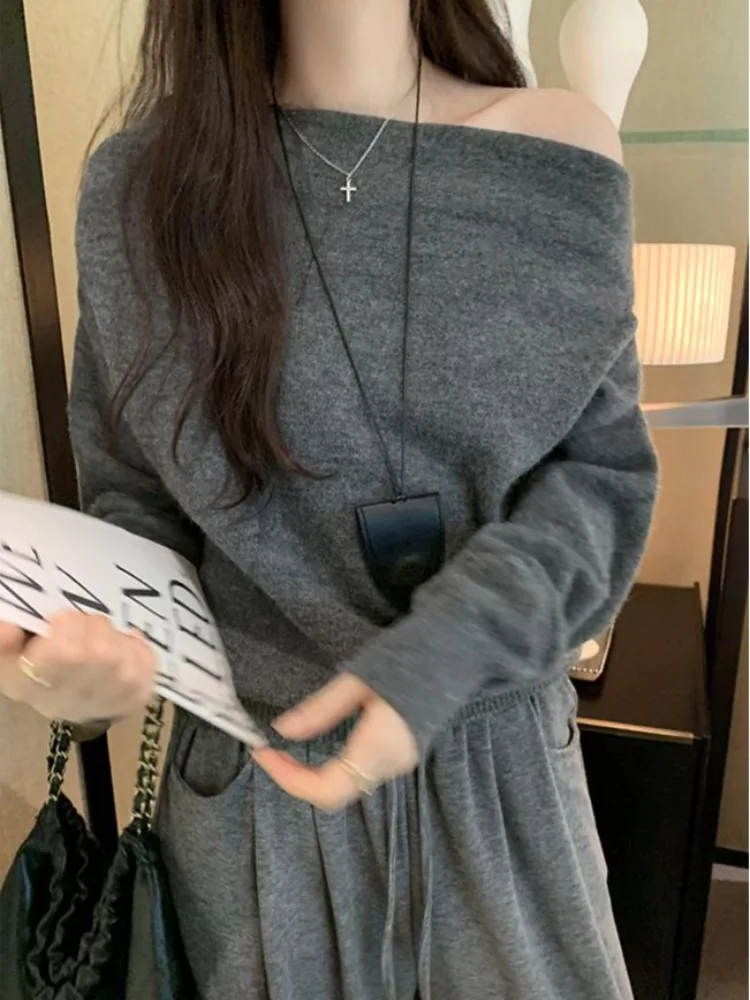 한국 슬레 레이지 대각선 어깨 스웨터 여성용 가을 겨울 신상 고급 감성 슈퍼 아름다운 이너웨어 아우터웨어...