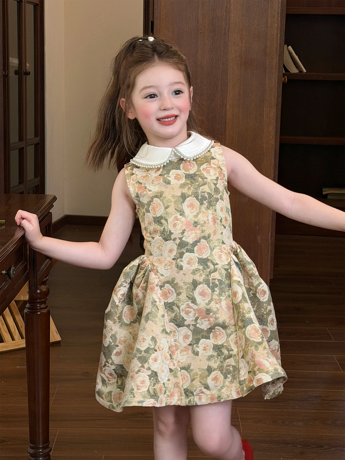 retro-floral-print-girls-summer-dress-sleeveless-vest-skirt-children's-clothing-sweet-high-waist-midi-skirt-soft-comfortable