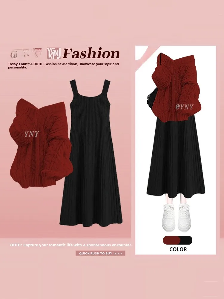 Roter gestrickter Winterpullover und Midi Dr. Slim Fit Zweiteiler-Set für Damen Casual Sle Long Sve V Ne Herbst-Winter-Outfit