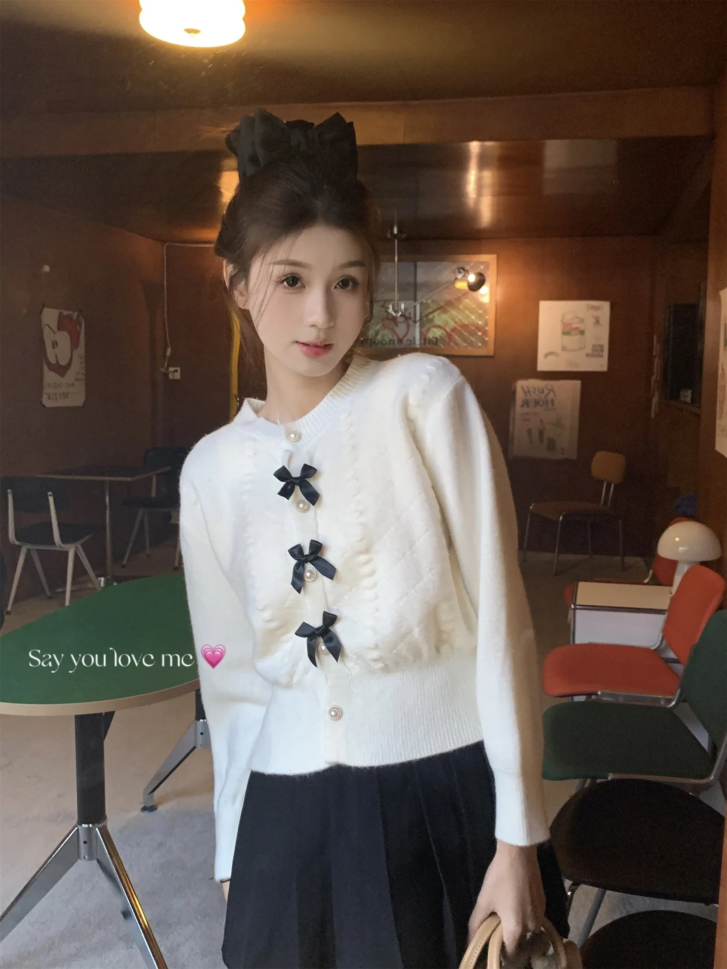 

Korobov Korean Autumn Sweet O Neck Long Sleeve Bow All Match Solid Casual Knitted Cardigan