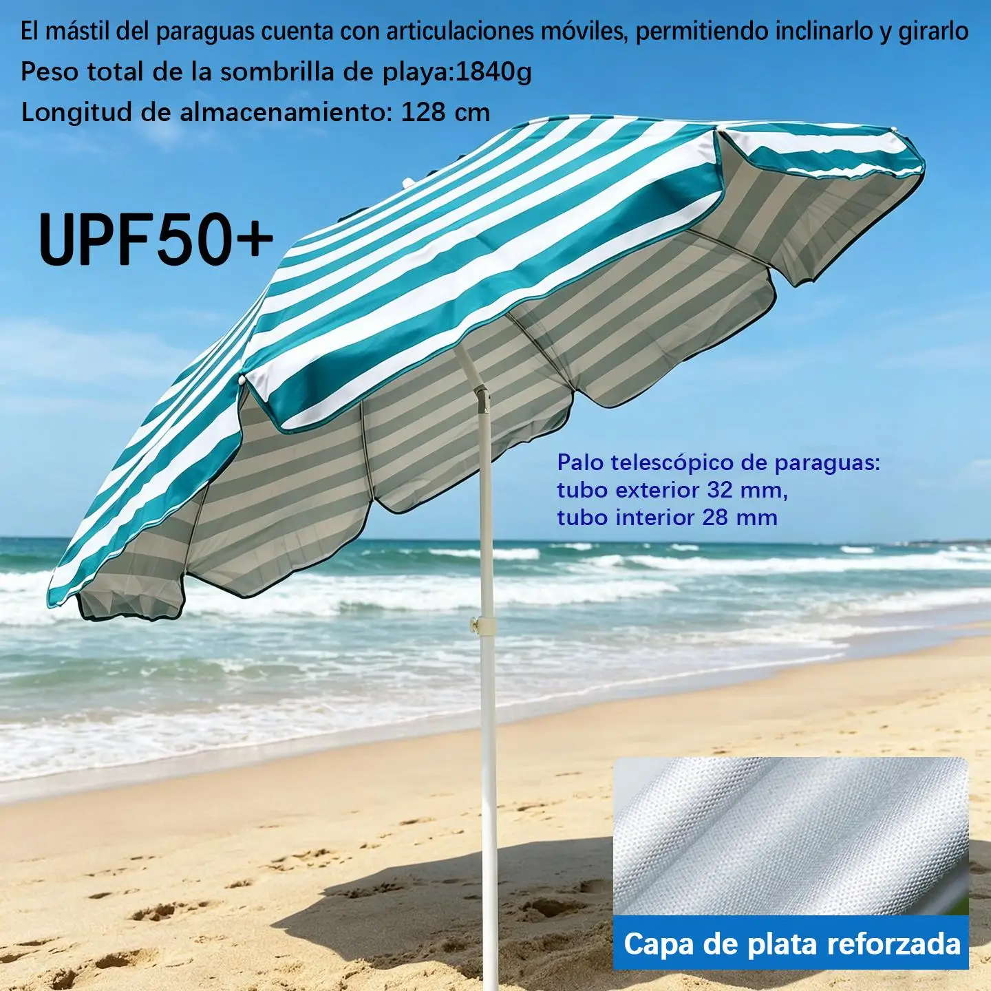 Sombrilla de Playa Rayada / Parasol Anti-UV para Exteriores / Sombrilla Protectora para Jardín / Parasol de Rayas para Terraza / S
