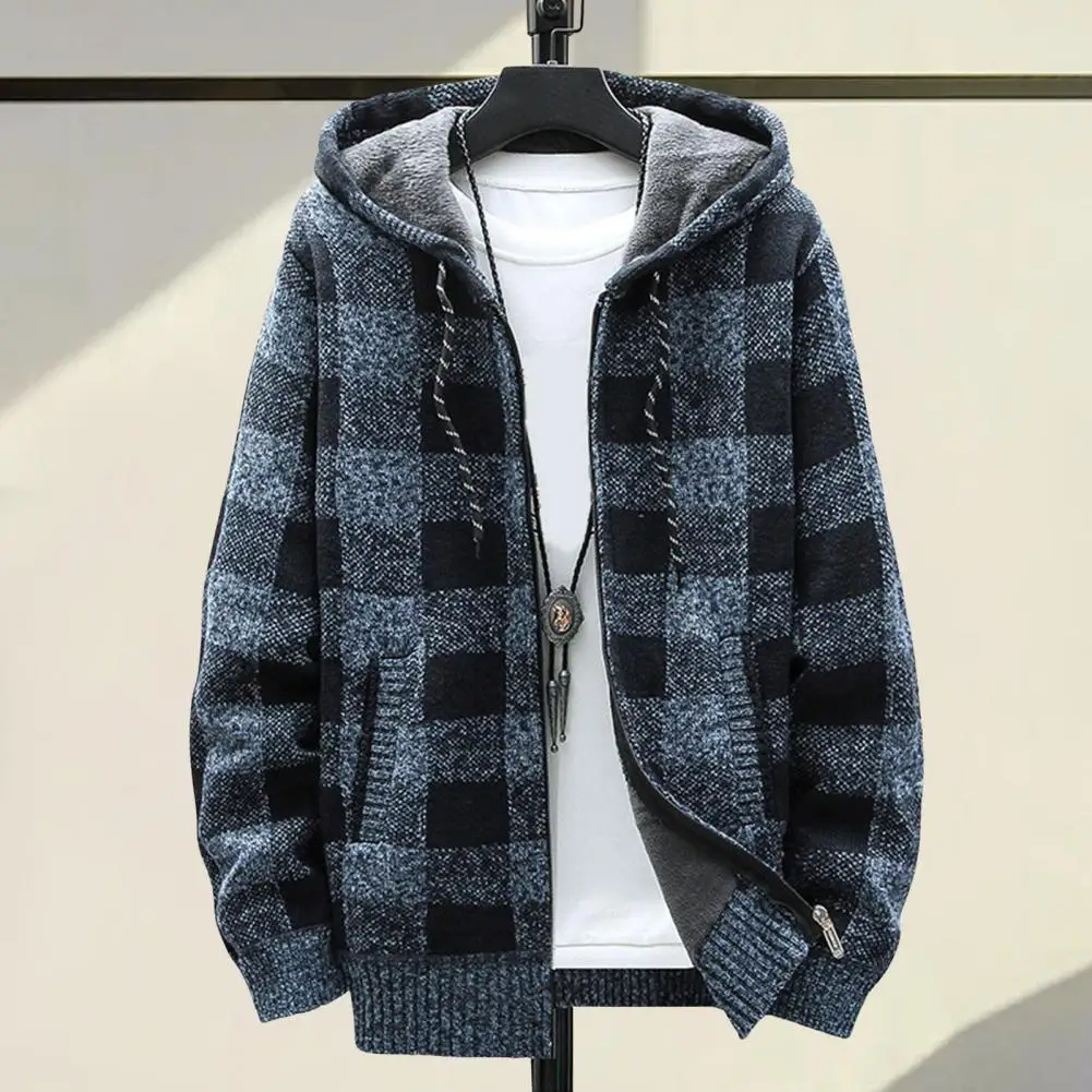 Men Coat Zip-up Knitted Thick Plush Plaid Print Hooded Outerwear Loose Double Pockets Fall Winter Sport Outdoor Hoodie