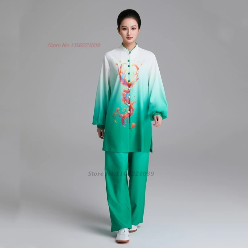2026 chinese tai chi uniform wushu taiji morning exercise tops+pants set phoenix print stage performance kungfu tai chi set view 4