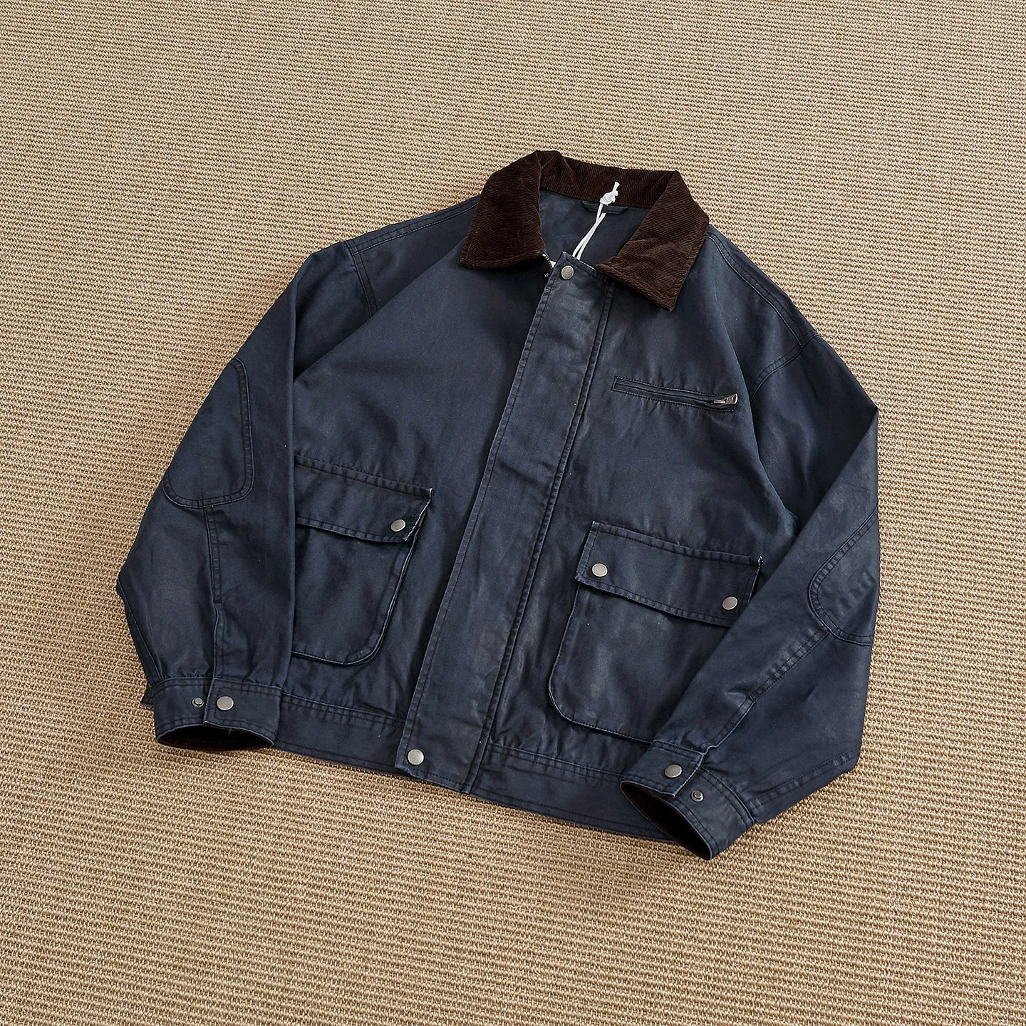 Retro distressed waxed canvas work jacket for men with corduroy lapels and elbow reinforced loose American casual jackets