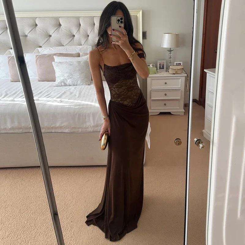 Lace Spaghetti Strap Dress Women's High Waist Sleeveless Backless Sexy Maxi Dress Summer Fashion Bodycon Party Clubwear