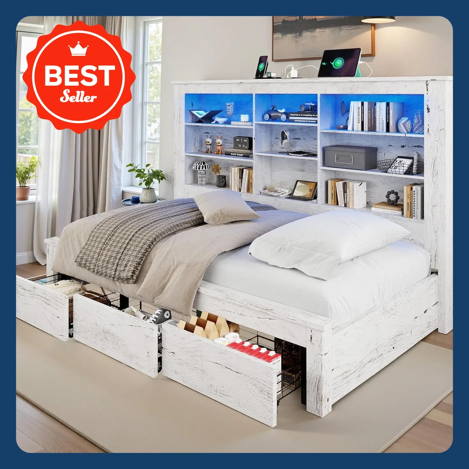 [XMSJ-مخزون محدود، اشتر الآن! ]سرير نهاري مزدوج مع لوح أمامي لخزانة الكتب، وشحن USB-C، وأضواء RGB و3 أدراج، لا حاجة إلى صندوق زنبركي