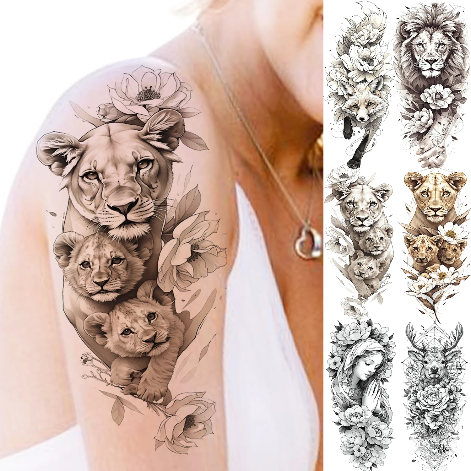 

1 Sheet Lion Mom And Baby Temporary Tattoos For Adults Flower Animals Tatoos Waterproof Realistic Fake Tattoo Sticker Last Long