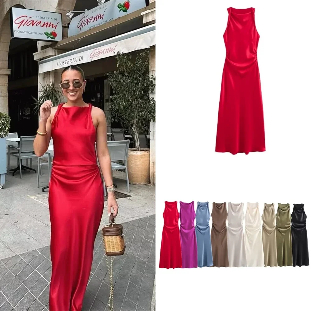 Satin Lange Kleider für Frauen 2025, Sommer Slip Midi Kleid Frau Sexy Abend Party Kleid Ärmellose Weibliche Elegante Kleider