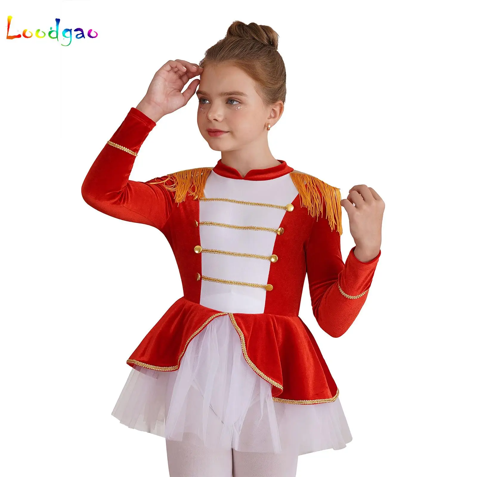 

Kids Girls Circus Ringmaster Cosplay Costume Halloween Dress Up Outfit Long Sleeve Fringed Shoulder Tulle Tutu Leotard Dress