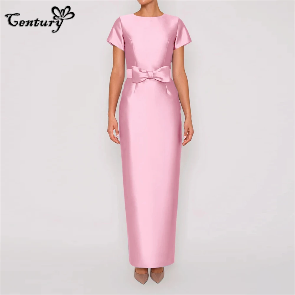 

Pink Prom Dress Long with Sleeves Big Bow Floor Length Simple Satin Evening Party Gowns Formal Wear Robe De Soiree Vestido Largo