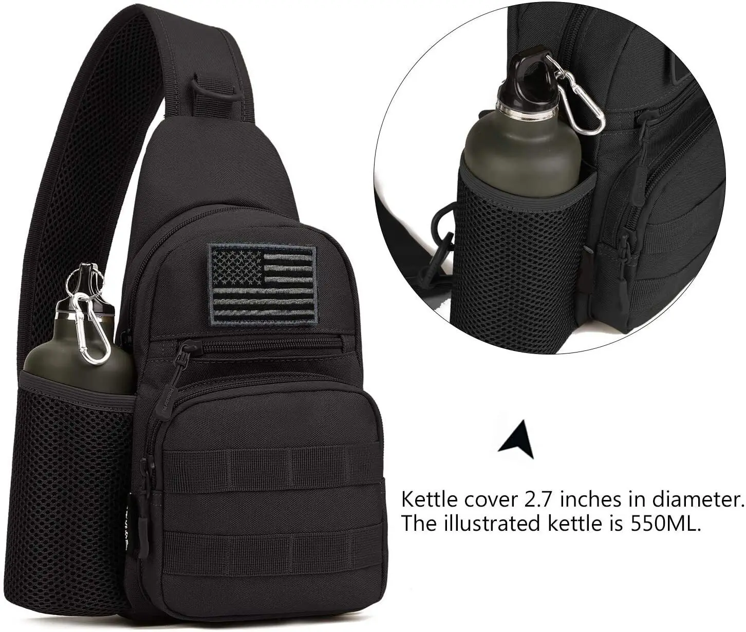 Tactical Sling Crossbody Backpack with Water Bottle Holder, MOLLE EDC Shoulder Sling Chest Bags for Travel Walk