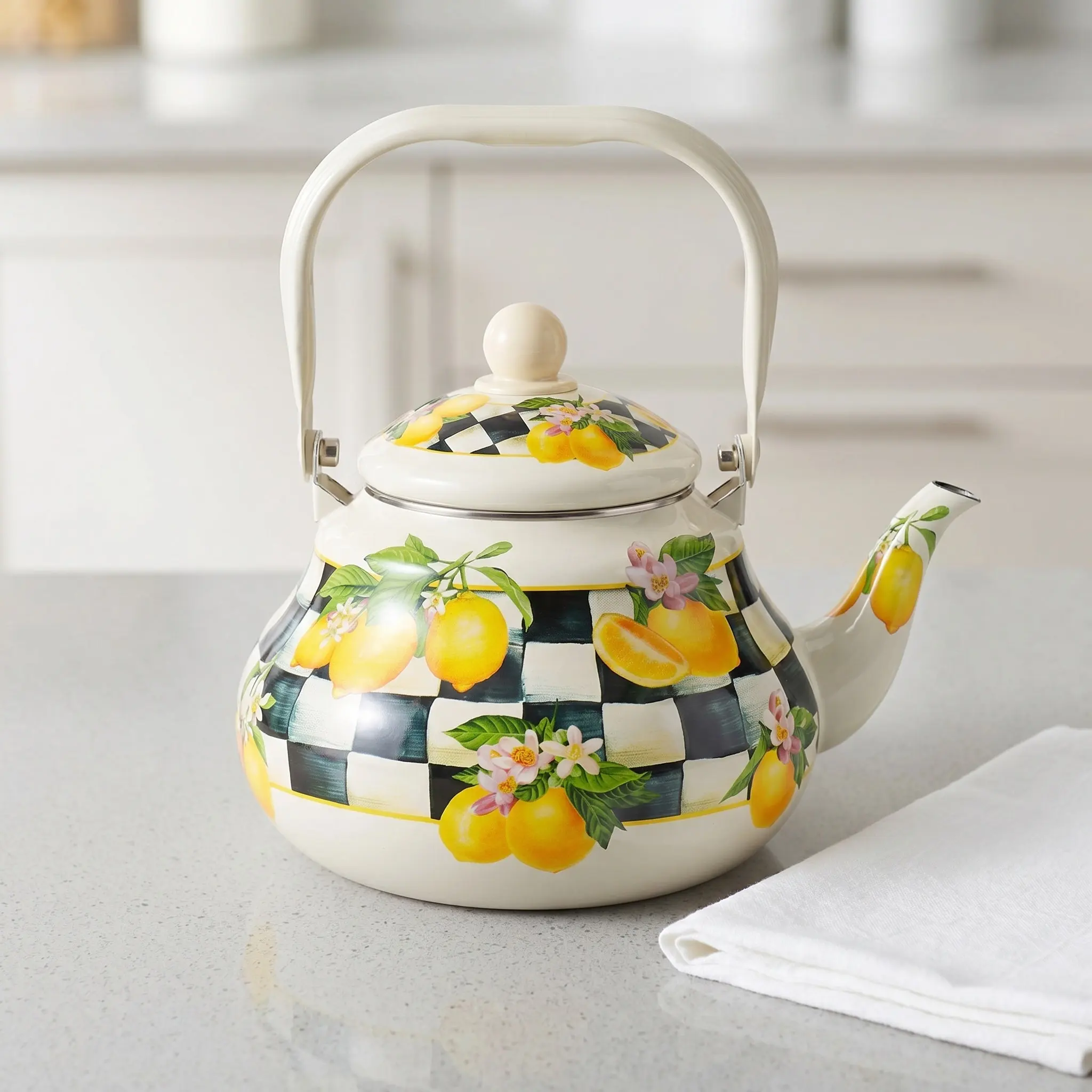 Vintage Checkered Enamel Tea Kettle Stovetop Lemon Pattern Enameled Steel Teapot 2L Stable Pouring Anti-Scald Handle Kitchen