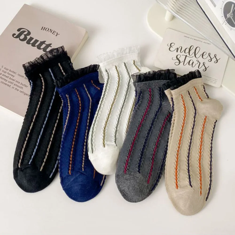 

Носки женские короткие дышащие в полоску, модные милые кружевные, в Корейском стиле, 5 пар, весна-лето