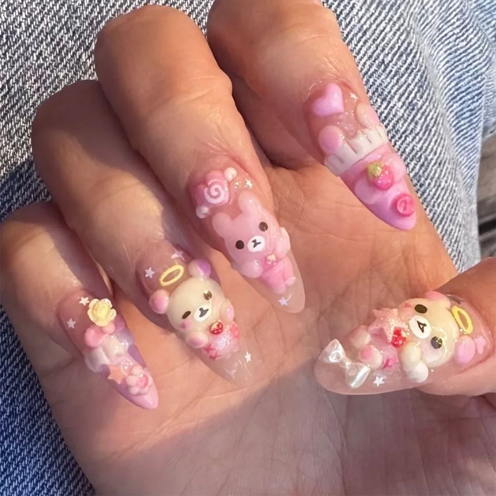 Niedliche Retro Japanische Rilakkuma Rosa Kaninchen Mandel Künstliche Nägel 3D Schleife Stern Katzenpfote Erdbeere Aufklebenägel Handaccessoires – Detail 21