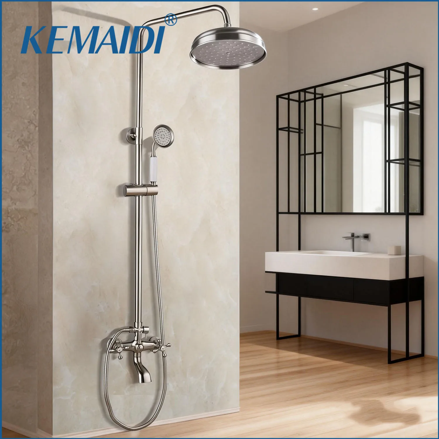 KEMAIDI Shower Faucets Set Nickel Brushed Adjustable Rain Shower Bar Cold and Hot Water Mixer Wall Mounted Shower sets