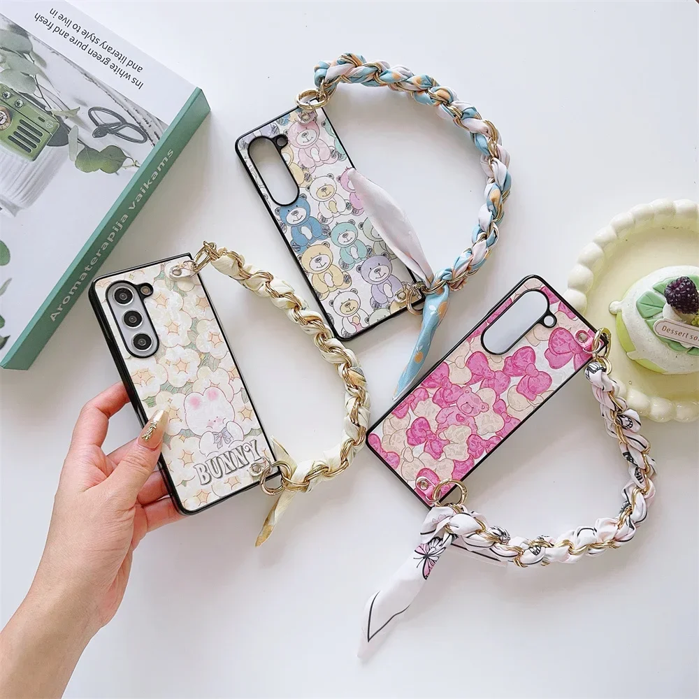 Cute Bear PU Leather Cover with Scarf Handbag Style Chain Wrist Strap For Samsung Galaxy Z Fold 6 5 4 3 5G Hard Shell Phone Case