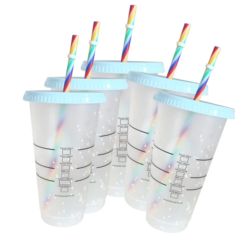 Reusable Blank Plain Plastic Cup With Color Changing Confetti Blue Cold Drink Milk Tea Juice Cup  Plastic Tumbler With Straw Lid