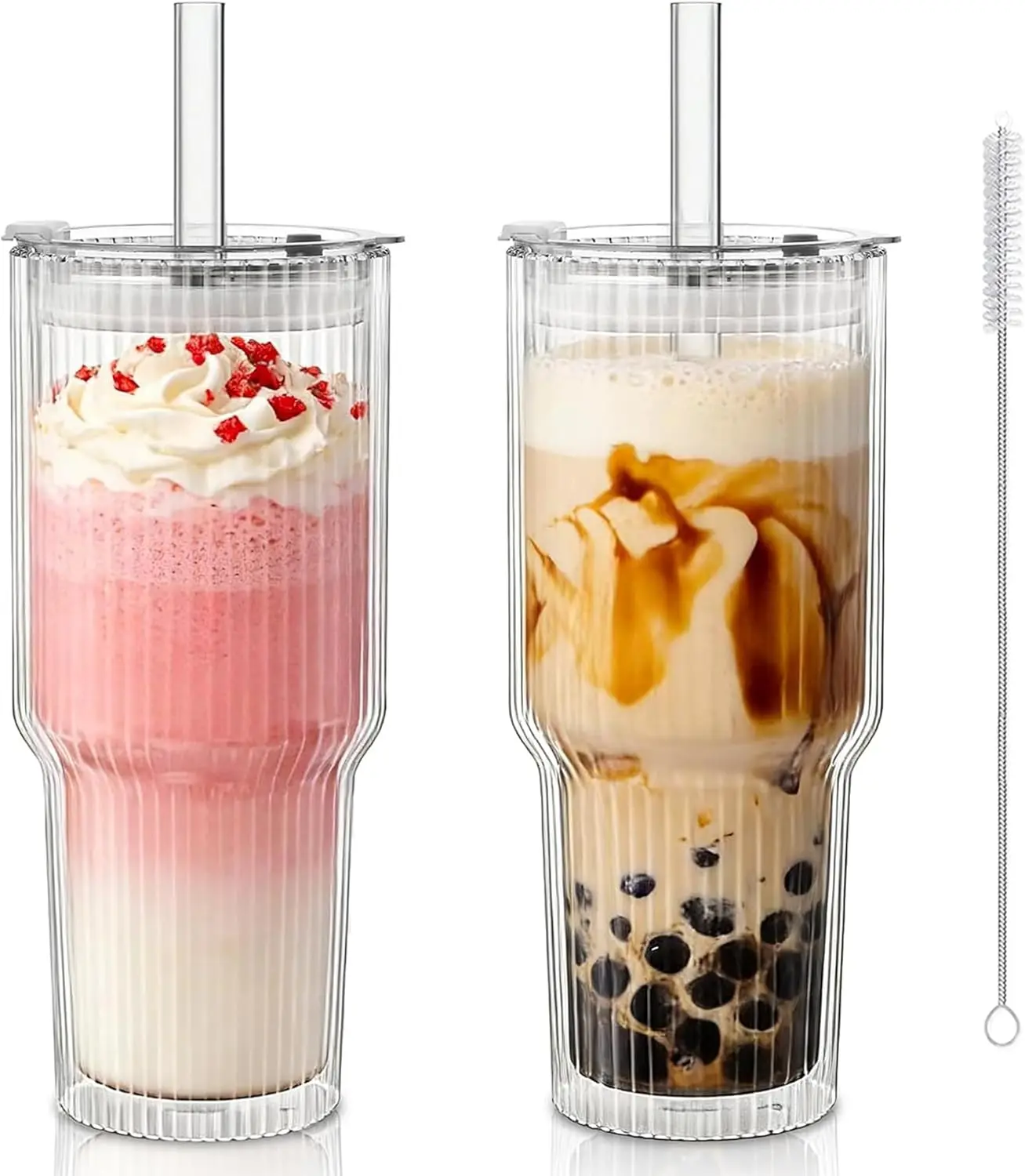 

Набор из 2 стеклянных стаканов с двойными стенками, 28 унций, с очень широкими многоразовыми стеклянными трубочками для напитков (13 мм), для боба