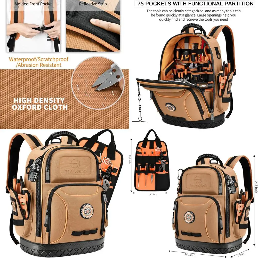 

Rugged Electrician Backpack with 75 Pockets, Molded Base, and Lock for HVAC & Construction Tools