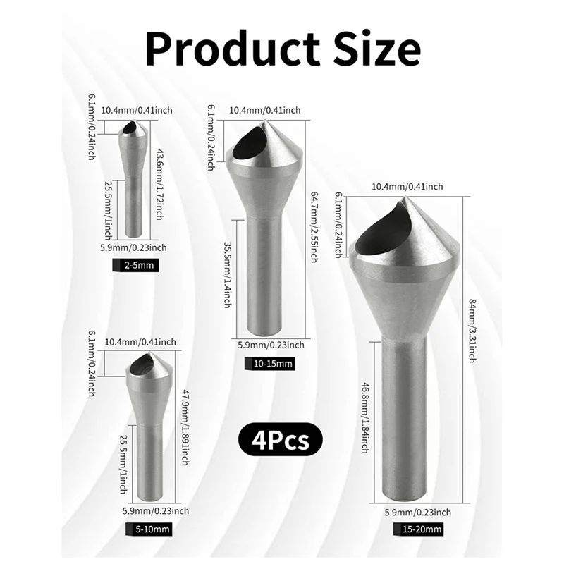 카운터 싱크 드릴 비트 세트, 라운드 생크 HSS(4241) 카운터 싱크 드릴 비트, 목재, 금속, 플라스틱, 실버 4 피스