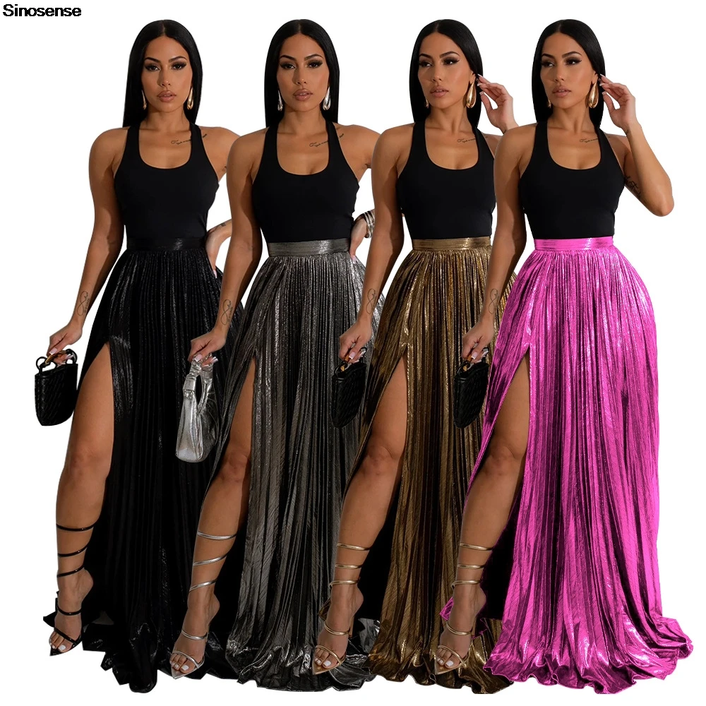 

Women's Shiny Metallic Pleated Maxi Skirt Solid Color High Waist Split Long Flowy Swing Skirt A Line Night Out Club Party Skirts