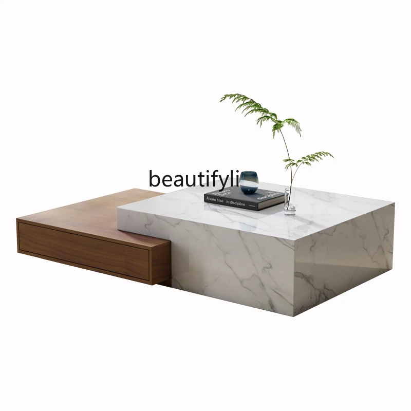 

Rock slab coffee table TV cabinet combination marble coffee table solid wood living room household small apartment telescopic