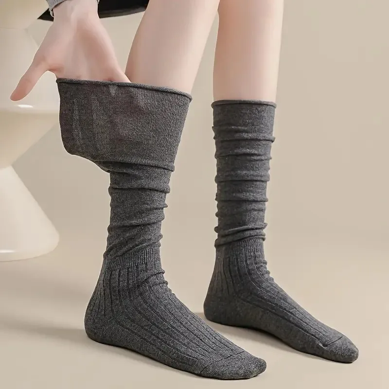 1/5 Paar elegante gerippte Damen einfarbige Wadensocken weich bequem modisch Frühling Herbst Freizeitstiefel Stapelsocken – Detail 6