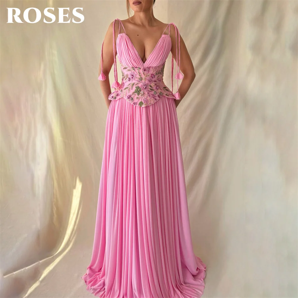 ROSES Pink Prom Dresses Deep V Neck Spaghetti Strap Evening Dresses A Line Floor Length Party Dress Robe De Soirée Customized