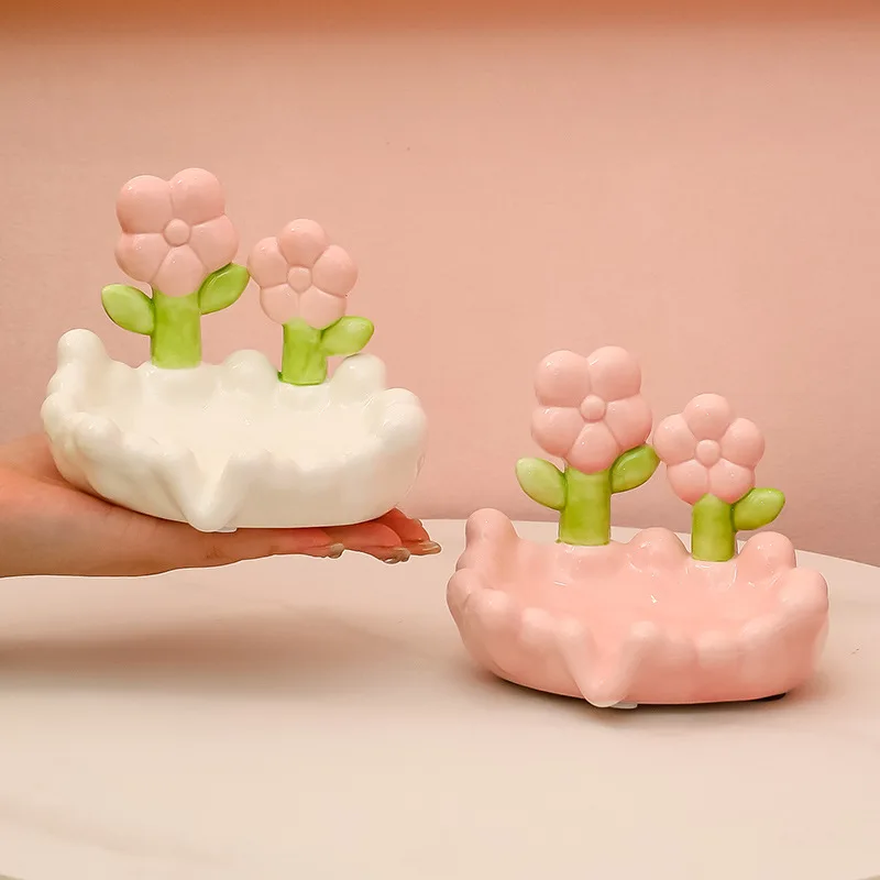 Ceramic Soap Box, Household No-punch Washbasin, Soap Storage Rack, Pink Tulip Soap Dish Tray, New White Porcelain
