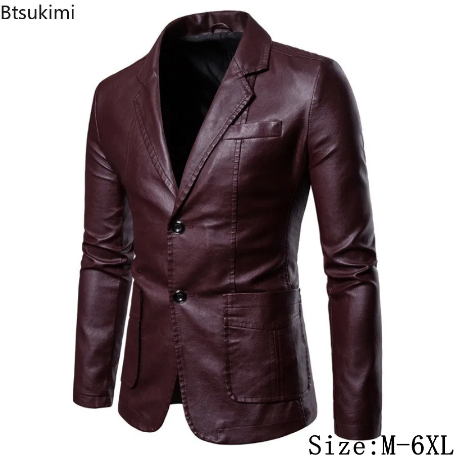 

2025 Men's Business Casual Leather Jacket Fashion Slim Suit Collar PU Leather Coats Autumn New Vintage Streetwear Large Size 6XL