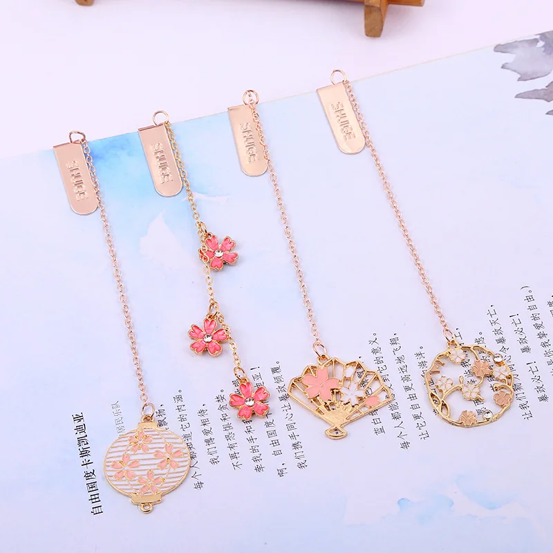 Romantic Cherry Blossoms Metal Bookmark Chain Pendant Marque Page Book Accessories School Supplies Student Stationery Kids Gifts