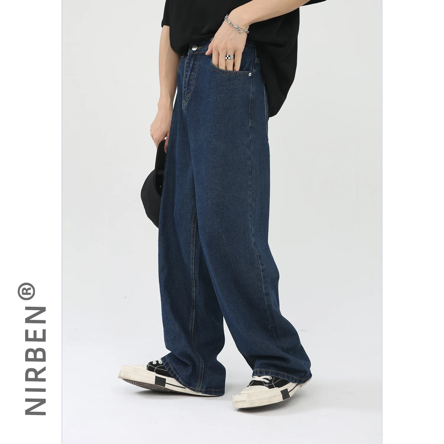 Dark Blue Jeans, Loose Wide-leg Casual Wash Straight Trousers