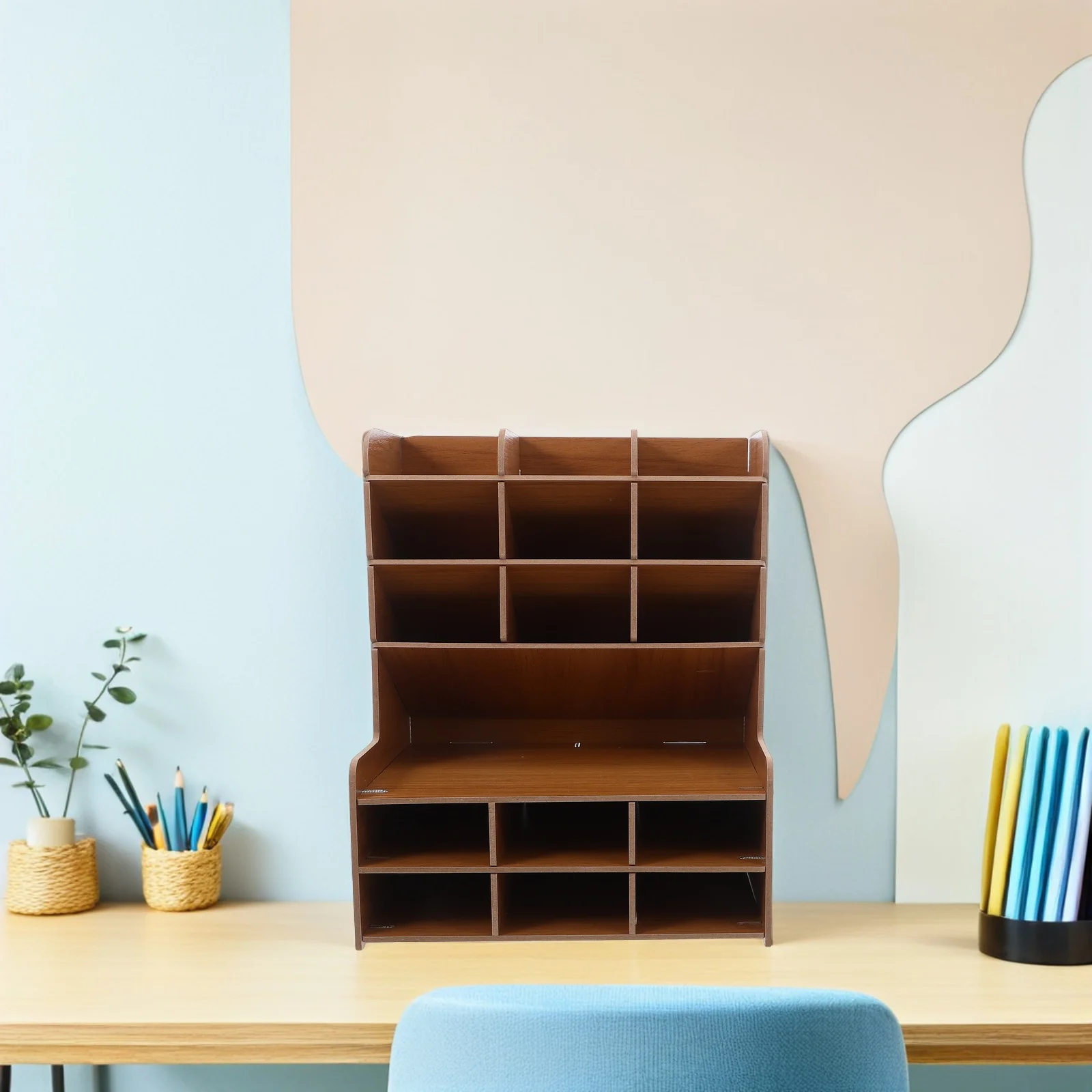 

Wooden Pen Organizer for Desk Solid Wood Compartment Design Office Desktop Storage Pencil Holder Aesthetic Stationery Organizer