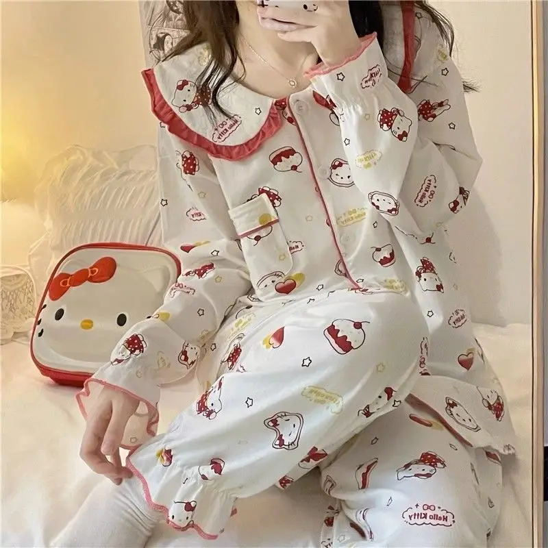 Anime Sanrioed Hello Kittys Pajamas Set Women\'s Clothing Kawaii Cartoon Kuromi Long Sleeves Student Home Wear Nightgown Suit