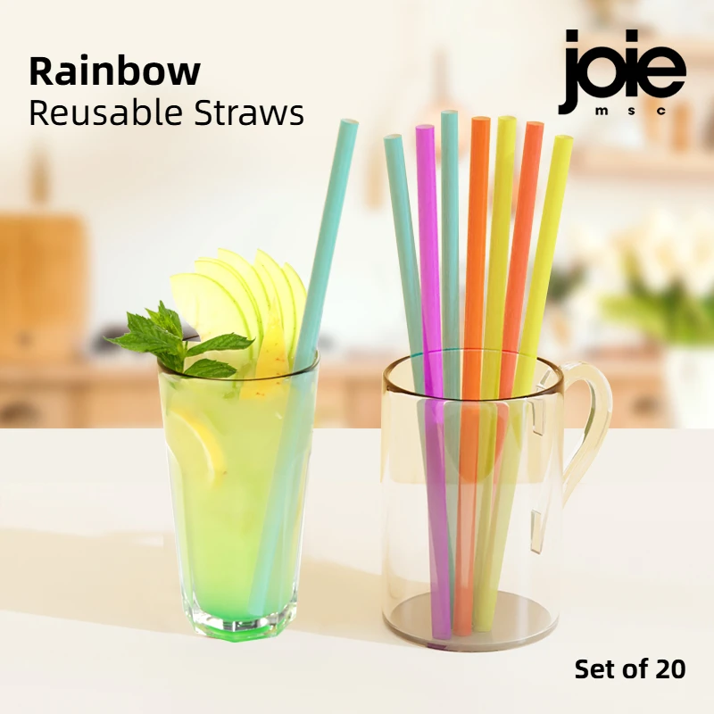 Joie – ensemble de pailles arc-en-ciel, 20 pièces, pailles colorées réutilisables avec brosse de nettoyage, accessoires de cuisine écologiques pour la maison et le Bar
