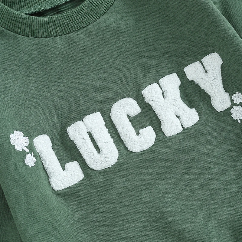 

St Patrick s Day Outfit for Toddler Baby Boys Green Shamrock Letter Print Long Sleeve Sweatshirts Elastic Waist Sweatpants Set