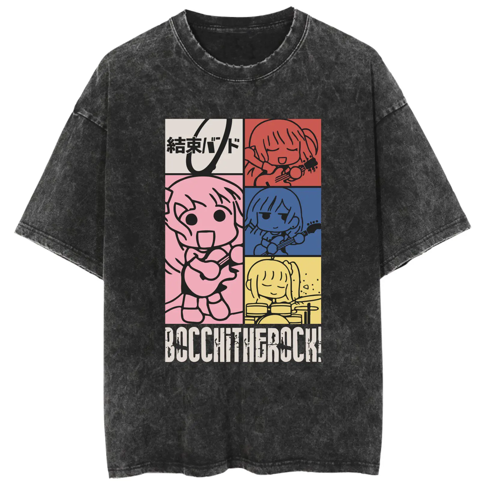 Bocchi The Rock Kessoku Band Silhouette Double-sided Vintage Washed T Shirt 2026 Summer Oversized  Graphic Tee for Men Women Top