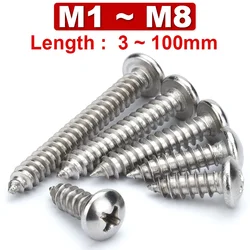 Vis autotaraudeuses à tête ronde à rainure en croix en acier inoxydable 304, vis à bois autotaraudeuses à tête cylindrique PA, M1M1.2M1.4M1.7M2M3 ~ M8