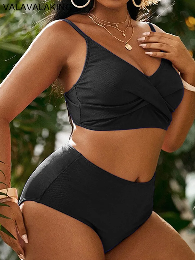 2024 Solid 2 Piece Plus Size Bikini Set Women Cross Push Up Large Swimsuit High Waist Lady Swimwear Chubby Curvy Bathing Suit