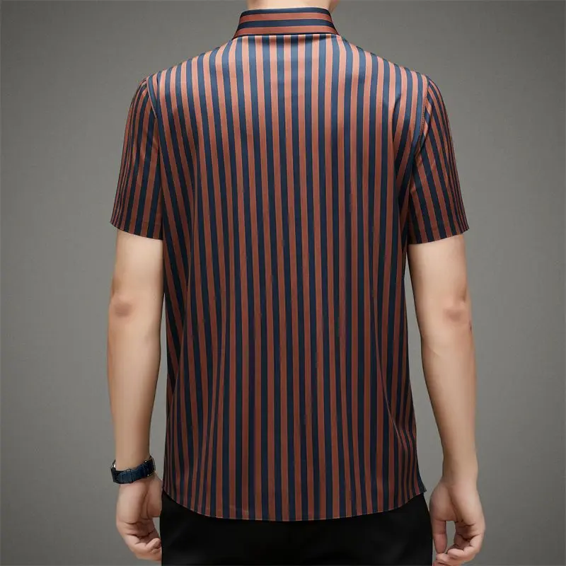 Summer Men\'s Clothing Short Sleeve Turn-down Collar Contrast Color Striped Button Cardigan Shirt Casual Business Modern Tops