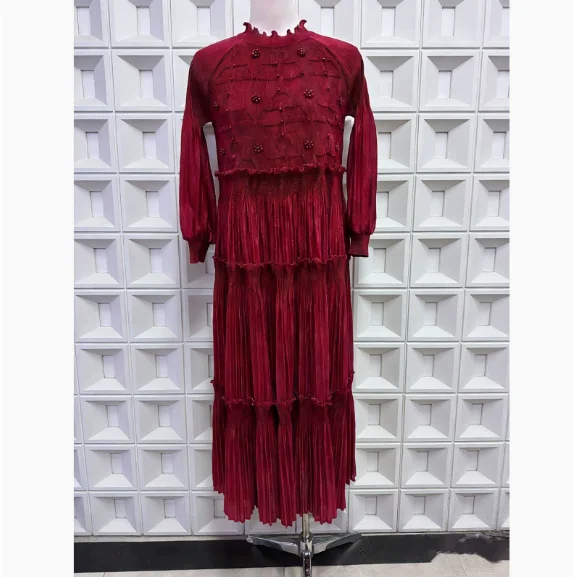 Miyake plissado em camadas vestido nicho design jacquard tecer doce solto vintage moda elegante 2026 primavera verão novo tamanho livre