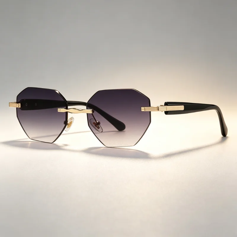 Elegant Rimless Octagonal Sunglasses Gradient Lens Gold Metal Frame Luxury Fashion Sun Glasses Trendy Eyewear for Beach Daily