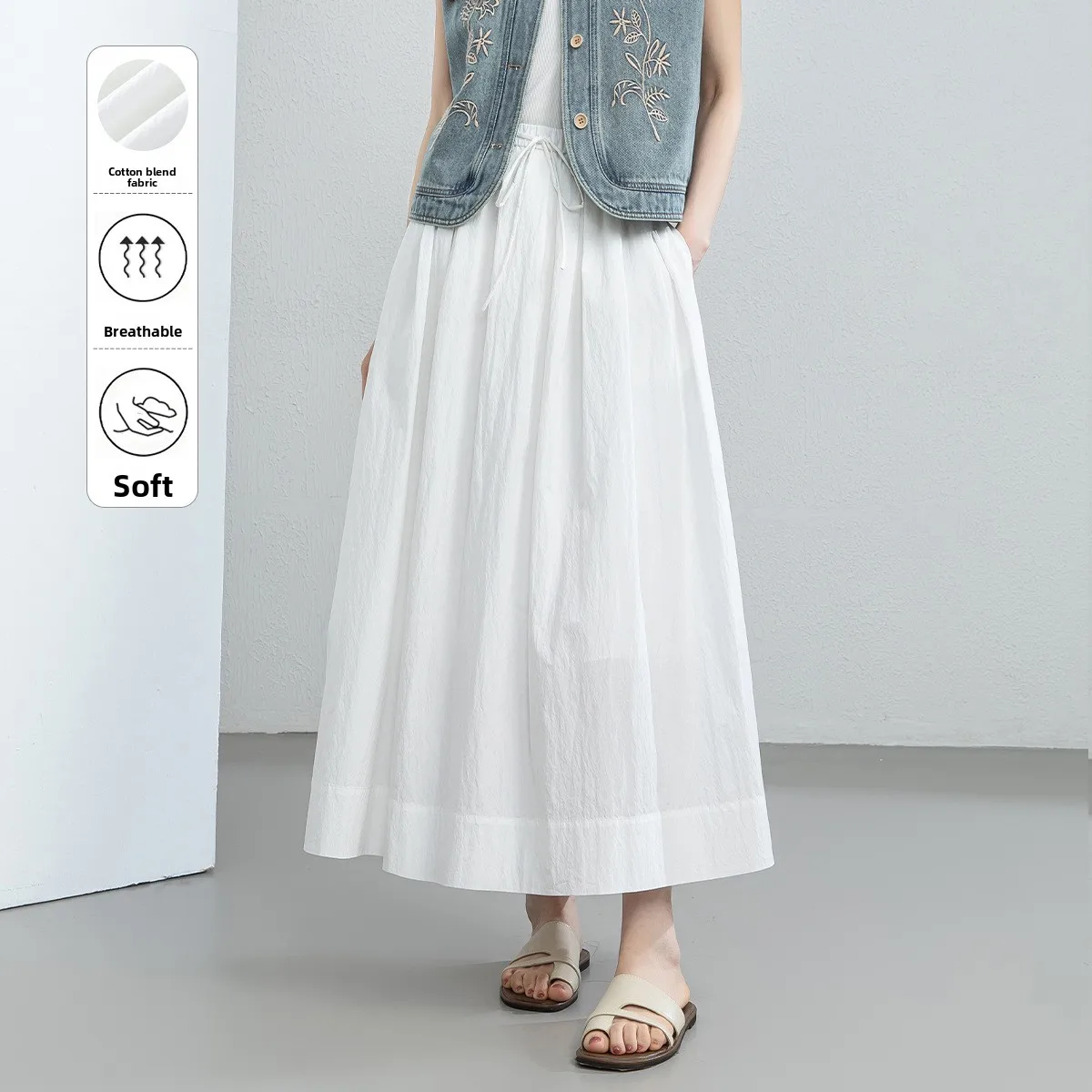 

Женская летняя юбка-миди А-силуэта с эластичной талией, фактурная, повседневная, для работы, из смесового хлопка, с эффектом сборки