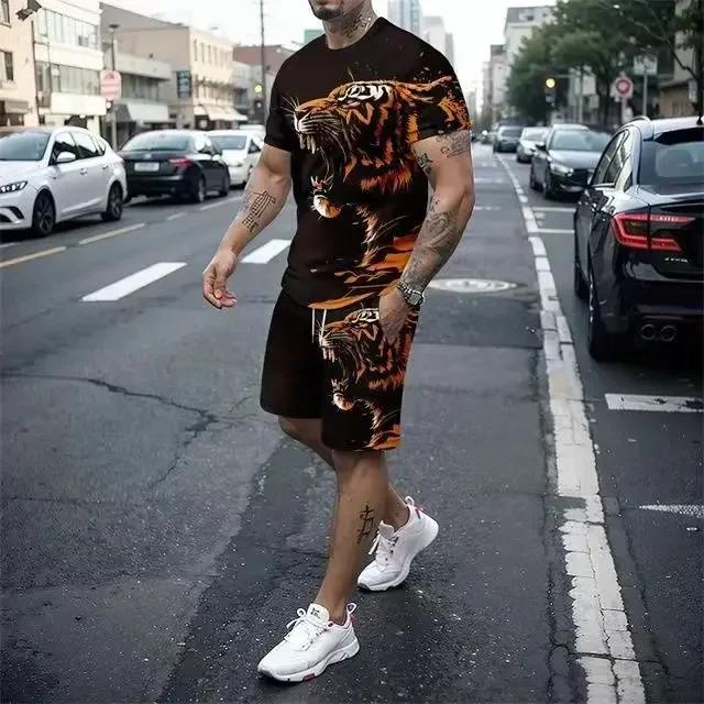 2025 Fashion Casual Round Neck Short Sleeved Shorts 3D Set Personalized Lion and Tiger Pattern Printed Casual Party Clothing