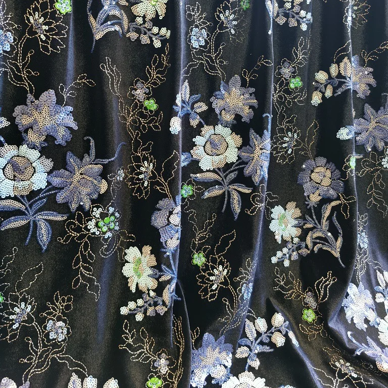 

High-end velvet fabric black velvet fabric with sequin embroidered flowers for women's clothing dresses shawls designer fabrics