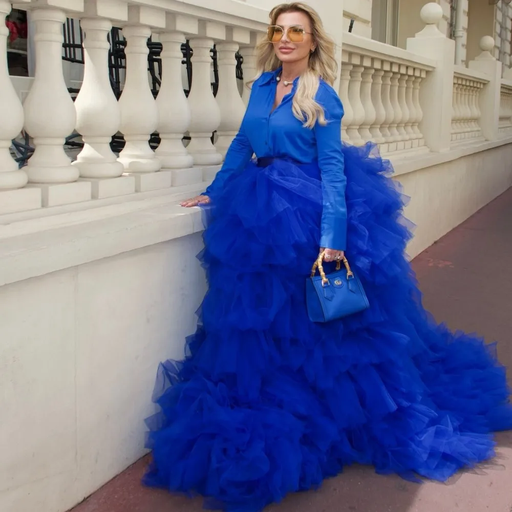 

Royal Blue Layered Tulle Evening Maxi Skirt High Waist Tiered Ruffle Mesh Long Wedding Skirts Bridal Shower Shoot Tutu Skirt
