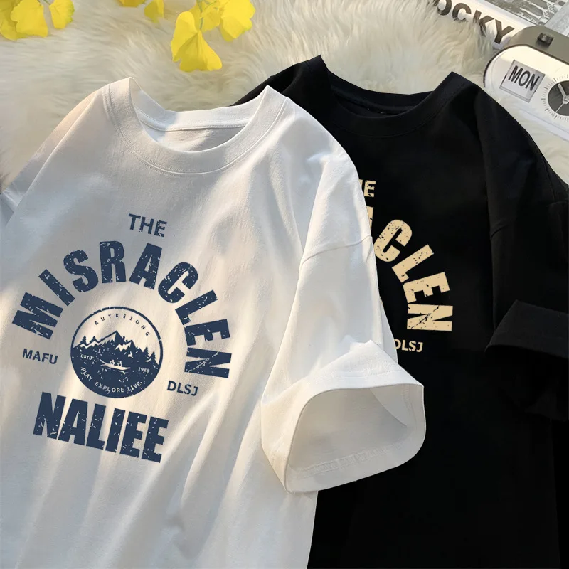 

Men's Women's Pure Cotton Round-neck T-shirts Spring Summer Trendy Loose Simple With Letters Couple's Wear Youth Tops